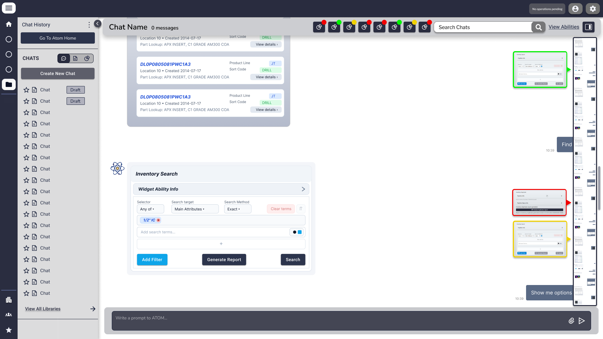 Same chat session with the abilities panel collapsed to a slim icon strip and a 'Show me options' affordance. A floating preview rail on the right shows three colored thumbnails representing inline results.