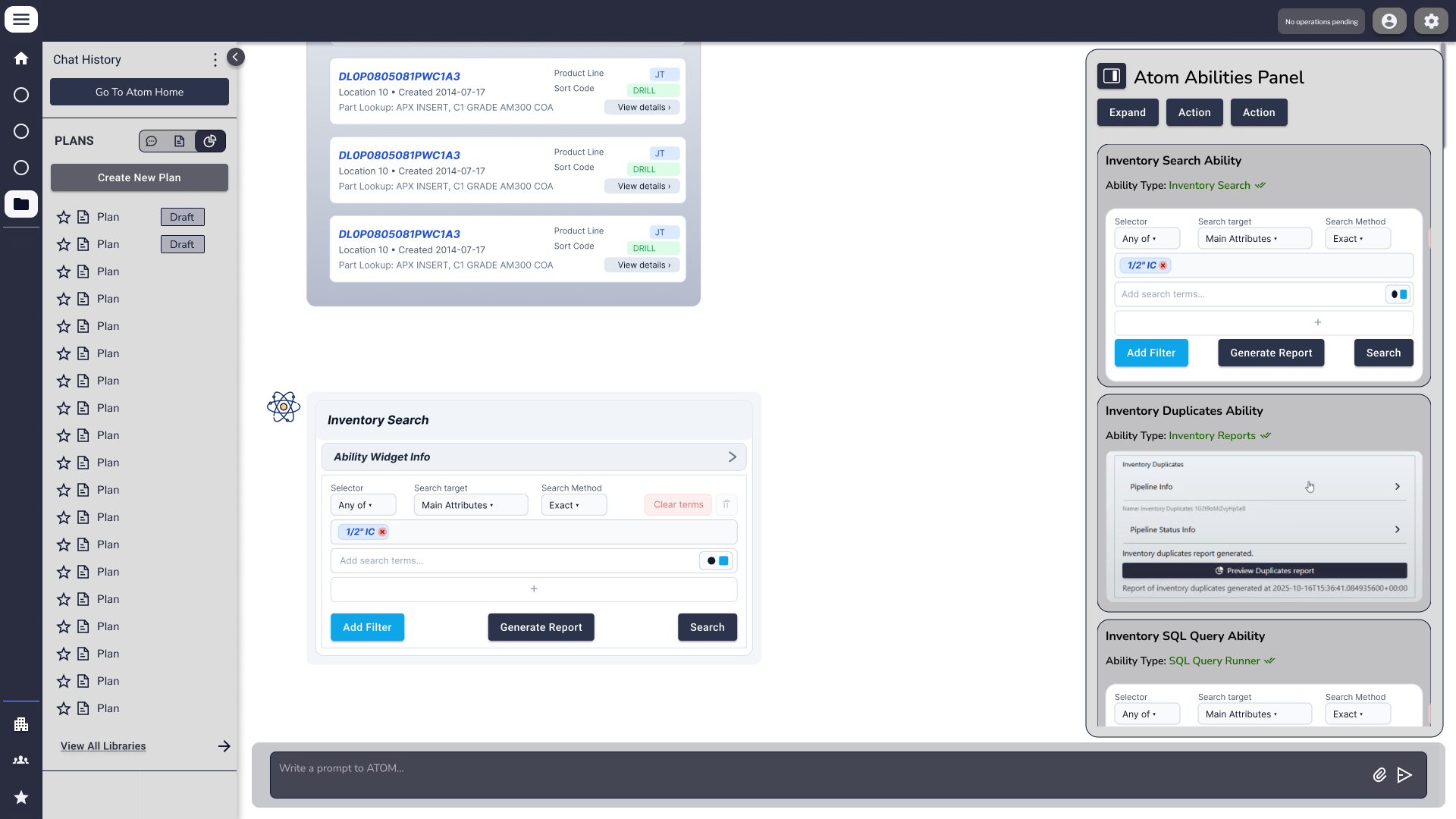Chat session with the right-side 'Atom Abilities Panel' open, showing three ability cards: Inventory Search, Inventory Duplicates, and Inventory SQL Query. The center area displays inventory result rows and an Inventory Search filter widget.
