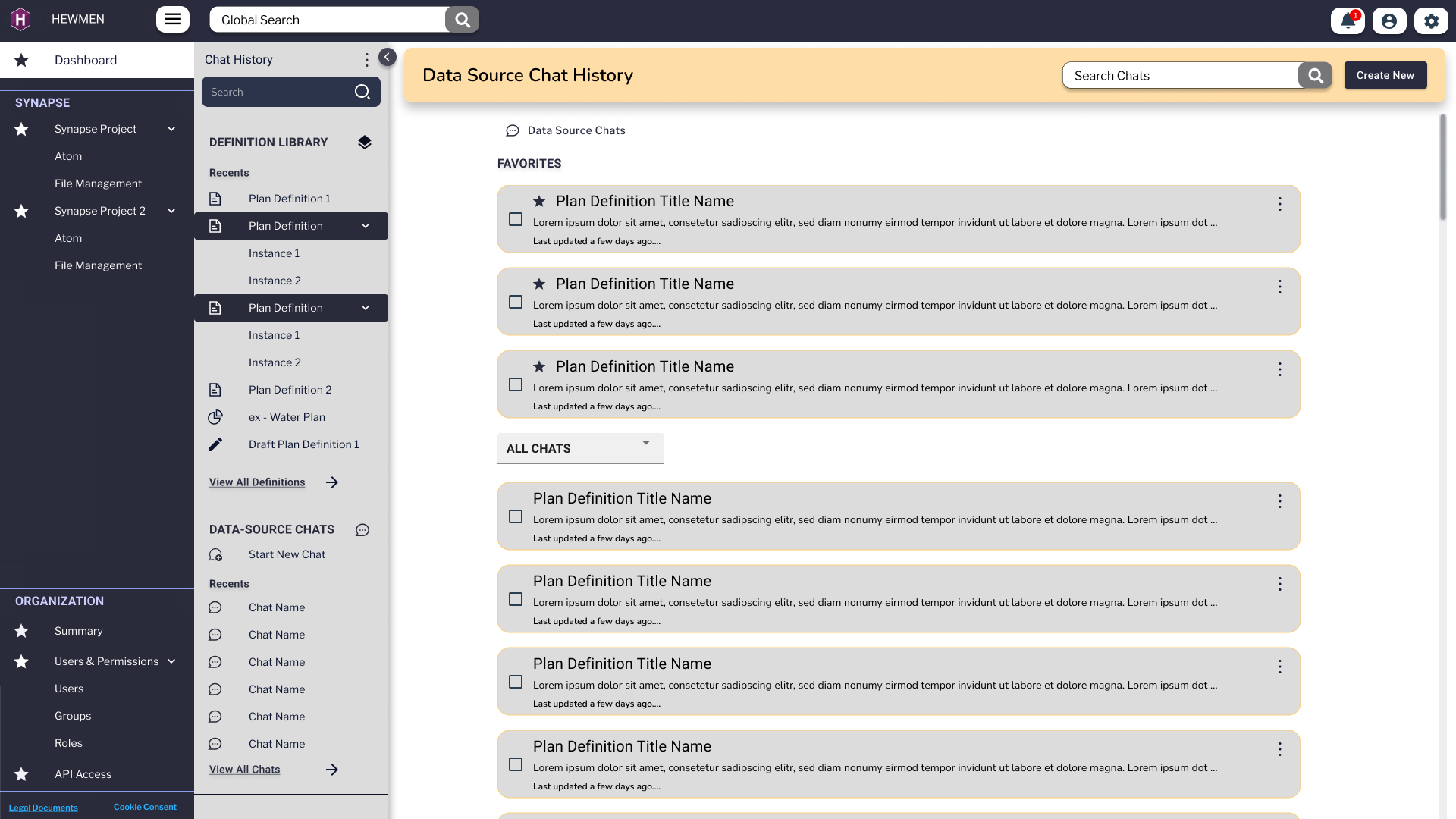 Enfluent Data Source Chat History page with a left rail listing Definition Library entries, Plan Definitions, Instances, Data-Source Chats and an Organization section. The main panel shows a Favorites group of three Plan Definition cards, then an All Chats group with additional Plan Definition cards underneath.