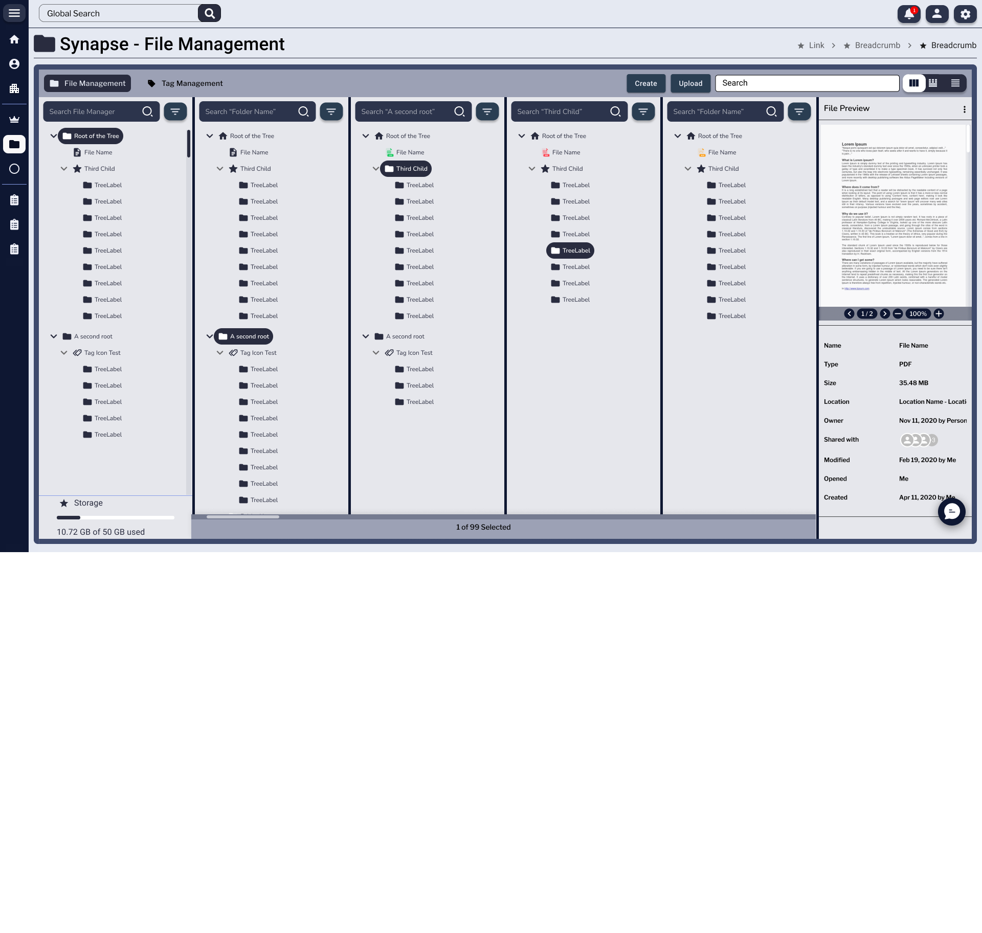 File Management in a horizontal multi-column view, with four vertical panels showing different points in the folder hierarchy side by side, and a File Preview panel on the right showing a PDF preview with metadata (Name, Type, Size, Location, Owner, Shared with, Modified, Opened, Created).