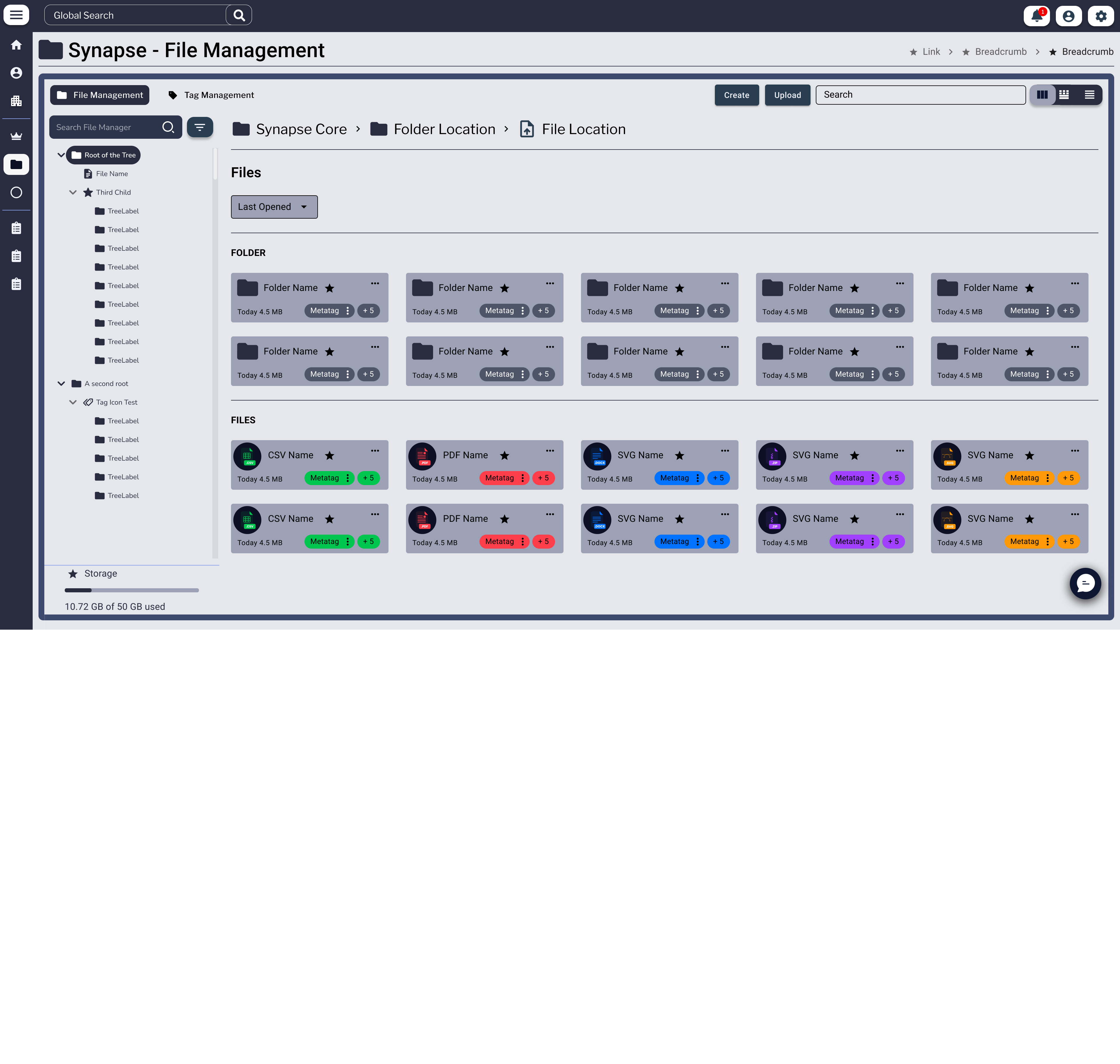 Synapse File Management view with a Folder Tree on the left side (Root of the Tree expanded with nested file nodes), and the main panel showing Folder and Files grids. Breadcrumbs read Synapse Core › Folder Location › File Location.