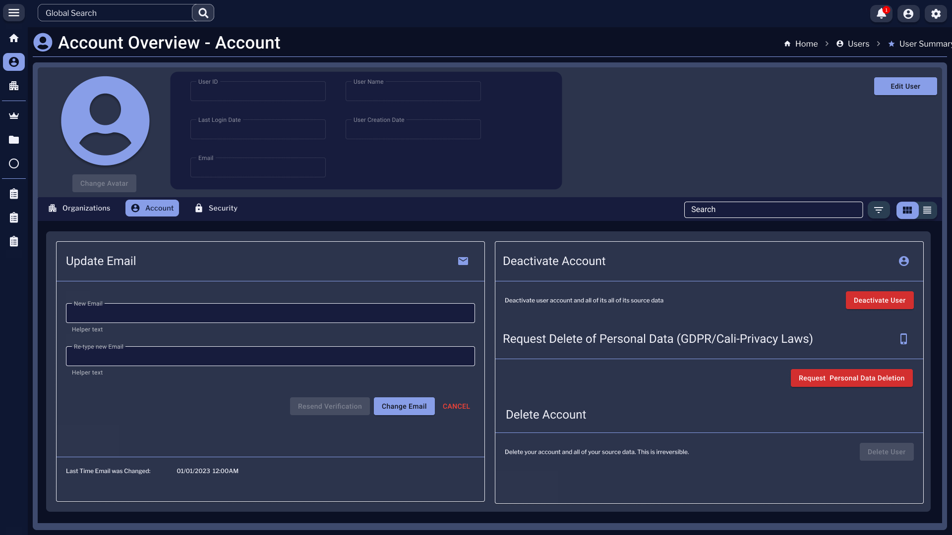 Account Overview - Account tab. A profile header with avatar and read-only User ID, User Name, Last Login Date, User Creation Date, and Email fields. Below sit two cards: Update Email with New Email and Re-type new Email fields, and a right-side card showing Deactivate Account, Request Delete of Personal Data (GDPR/Cali-Privacy Laws), and Delete Account zones with destructive red buttons.