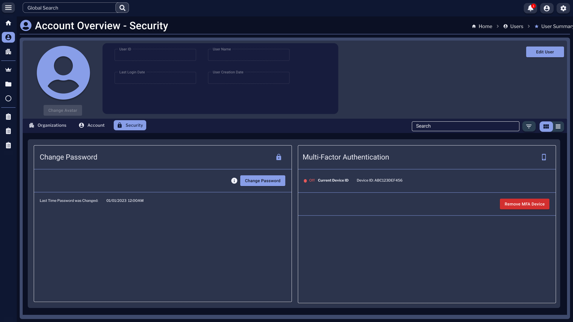 Account Overview - Security tab with two cards: Change Password (with a Change Password button and a last-changed timestamp), and Multi-Factor Authentication showing an Off status pill, a Current Device ID with device identifier, and a red Remove MFA Device action.