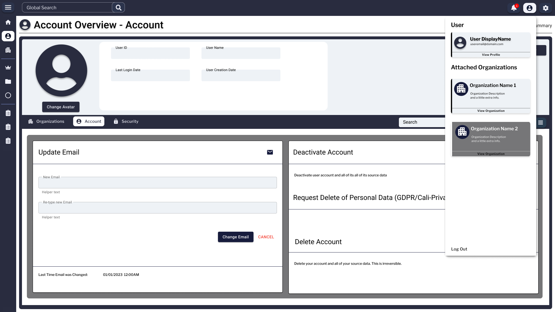 Account Overview with the user-menu popover open in the top-right. The popover contains User DisplayName, an email line, a View Profile link, and an Attached Organizations list with two organization cards — Organization Name 1 (default) and Organization Name 2 (highlighted as the active context) — plus a Log Out action at the bottom.