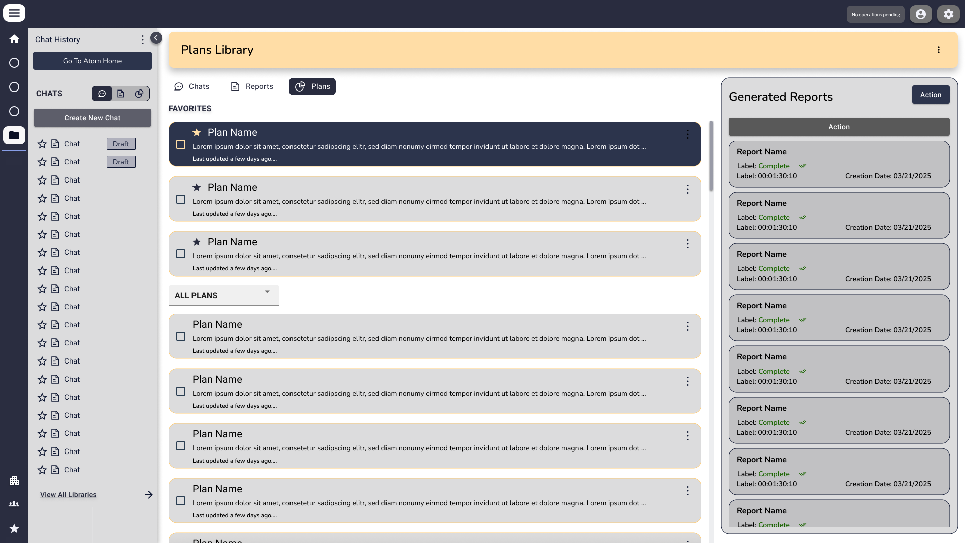 Plans Library page with a left rail of Chats and a tabbed central content area (Chats, Reports, Plans). The Plans tab is active, showing a Favorites group of three Plan Name cards and an All Plans group below. A right-side Generated Reports rail lists six report cards, each with Status, Date, and Action metadata.