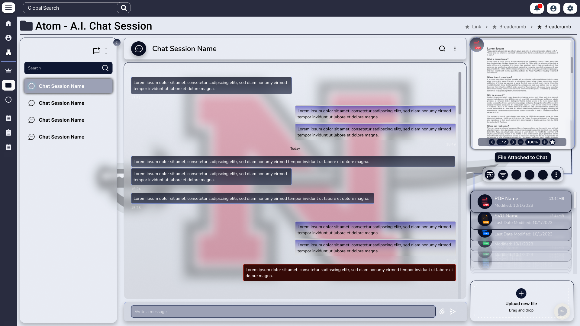 Atom A.I. Chat Session in full-screen mode. The center panel holds alternating user and agent messages with a watermarked agent monogram behind the conversation. The right rail shows a PDF attachment card with three colored buttons and an Upload-New-File drop zone.