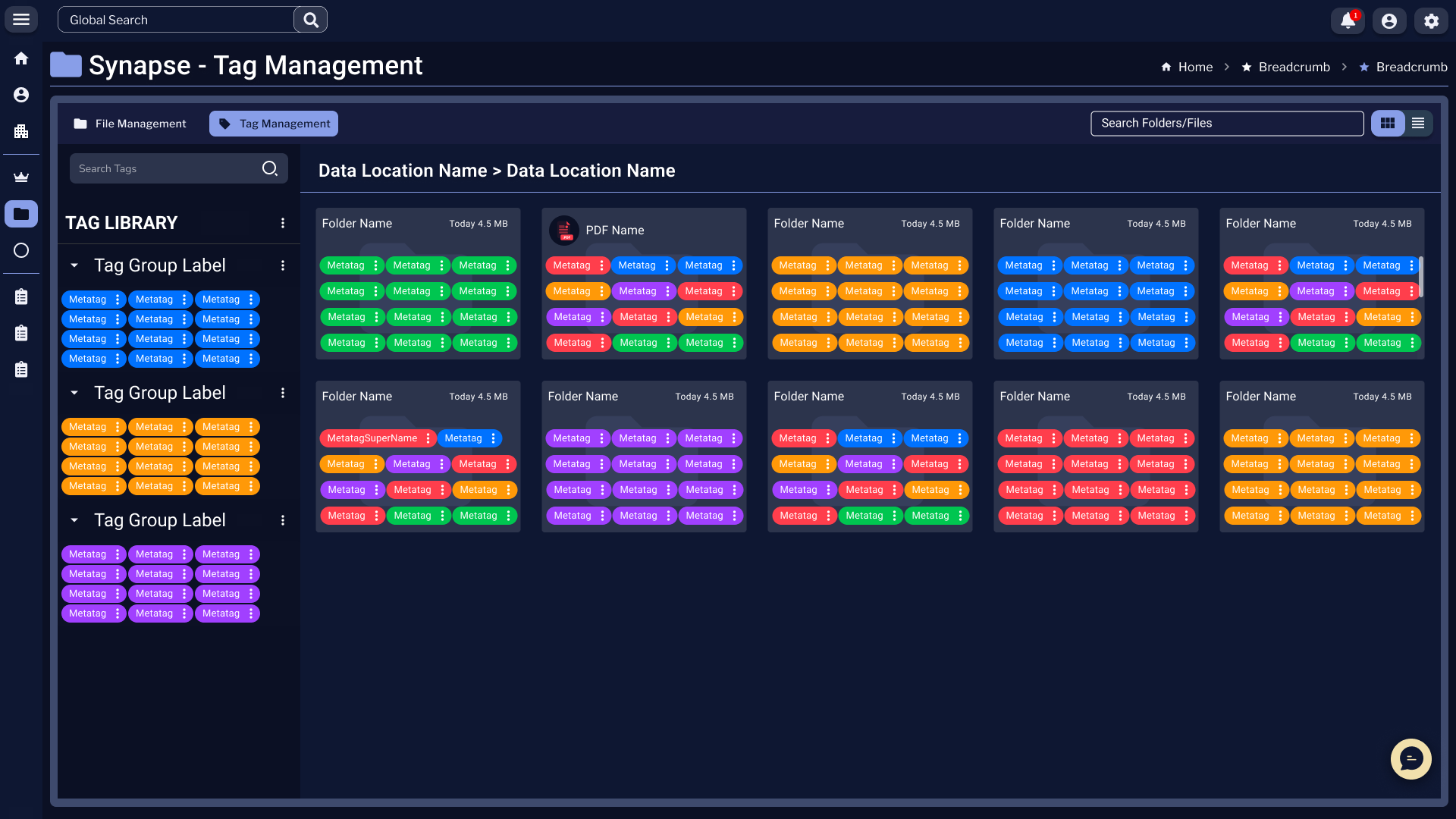 Synapse Tag Management view with a left-side Tag Library showing three Tag Group Labels, each with colored tag pills. The main panel displays Folder Name and PDF Name cards in a grid, every card densely populated with overlapping tag chips in multiple colors.