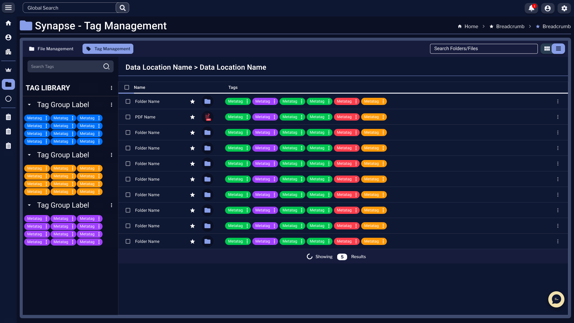 Synapse Tag Management in list view, with a checkbox column, file names, and dense rows of colored tag chips per file. A 'Showing N Results' counter sits at the bottom.