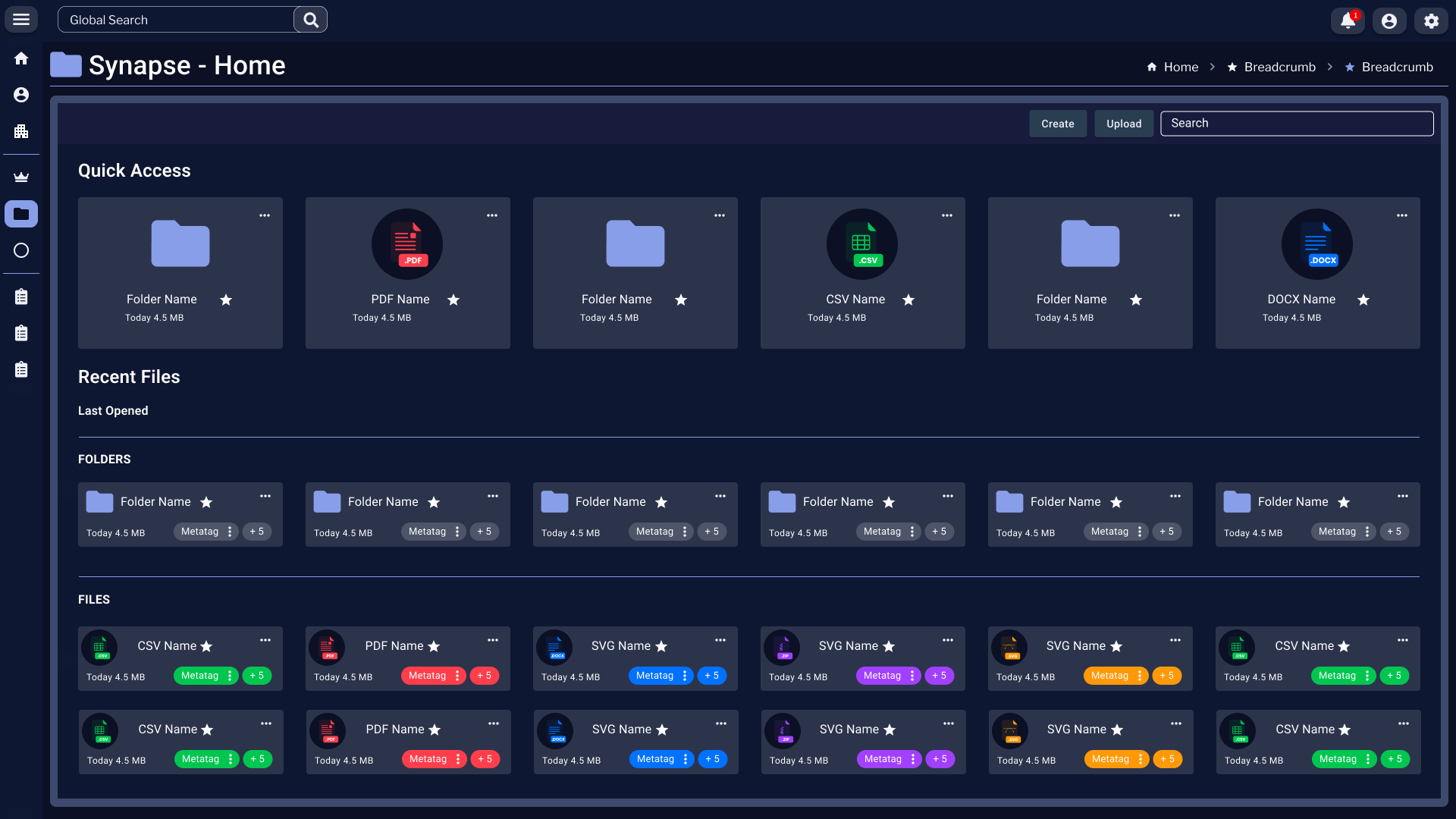 Synapse Home dashboard with a top-bar Global Search, breadcrumbs reading Home › Breadcrumb › Breadcrumb, and two stacked panels: Quick Access showing six tiles (folders, PDF, CSV, DOCX) and Recent Files split into Folders and Files rows with colorful metatag chips and file-type badges.