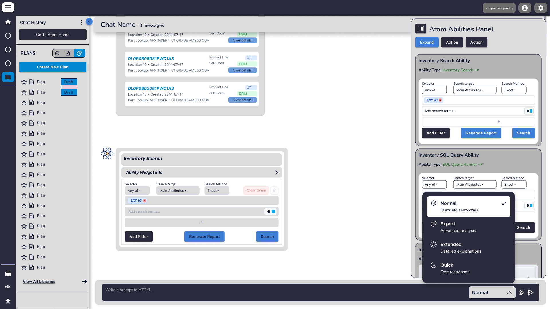Atom chat with an open response-mode dropdown menu showing four options: Normal (standard responses), Expert (advanced analysis), Extended (detailed exploration), and Quick (fast responses). The selector sits at the bottom-right of the input area.
