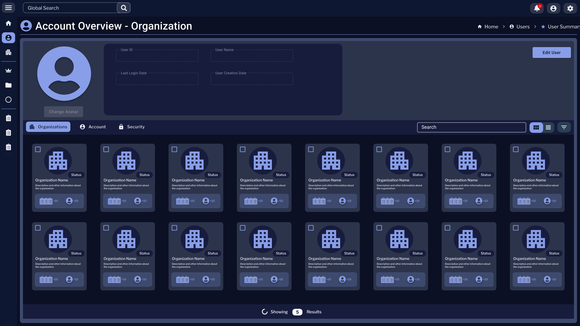 Account Overview - Organization page with a profile-header band at the top containing avatar, User ID, User Name, Last Login Date, User Creation Date, and an Edit User button. Below sit three tabs — Organizations (active), Account, Security — followed by a 4×8 grid of Organization cards, each with a building icon, name, status badge, description, and small counters for projects and members.