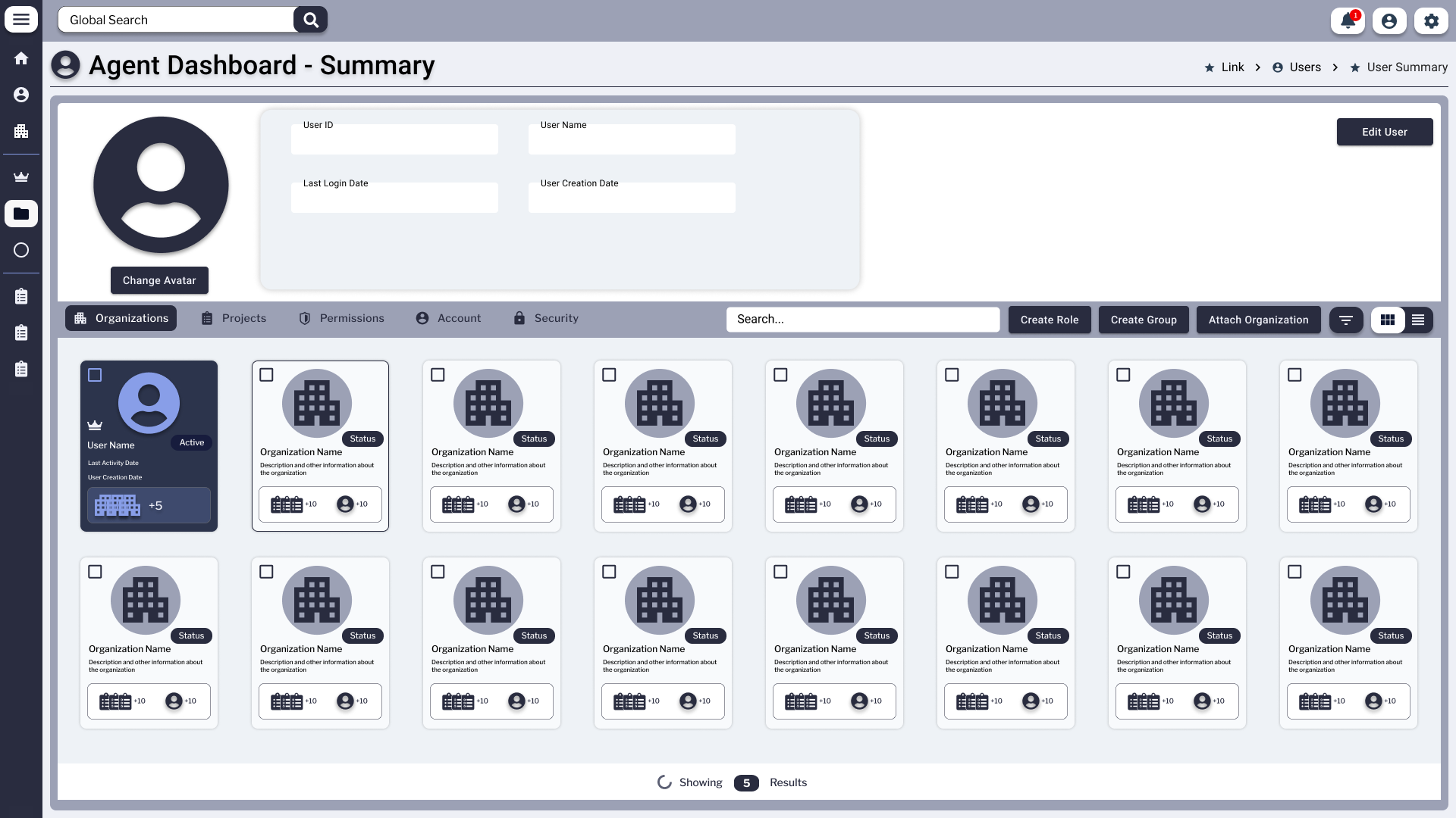 Agent Dashboard - Summary with a profile-header band containing avatar and User ID, User Name, Last Login Date, User Creation Date fields plus an Edit User button. Below a row of tabs reads Organizations, Projects, Permissions, Account, Security, alongside Create Role, Create Group, and Attach Organization actions. A grid of organization tiles fills the page, each tile with a building icon, name, and status pill.