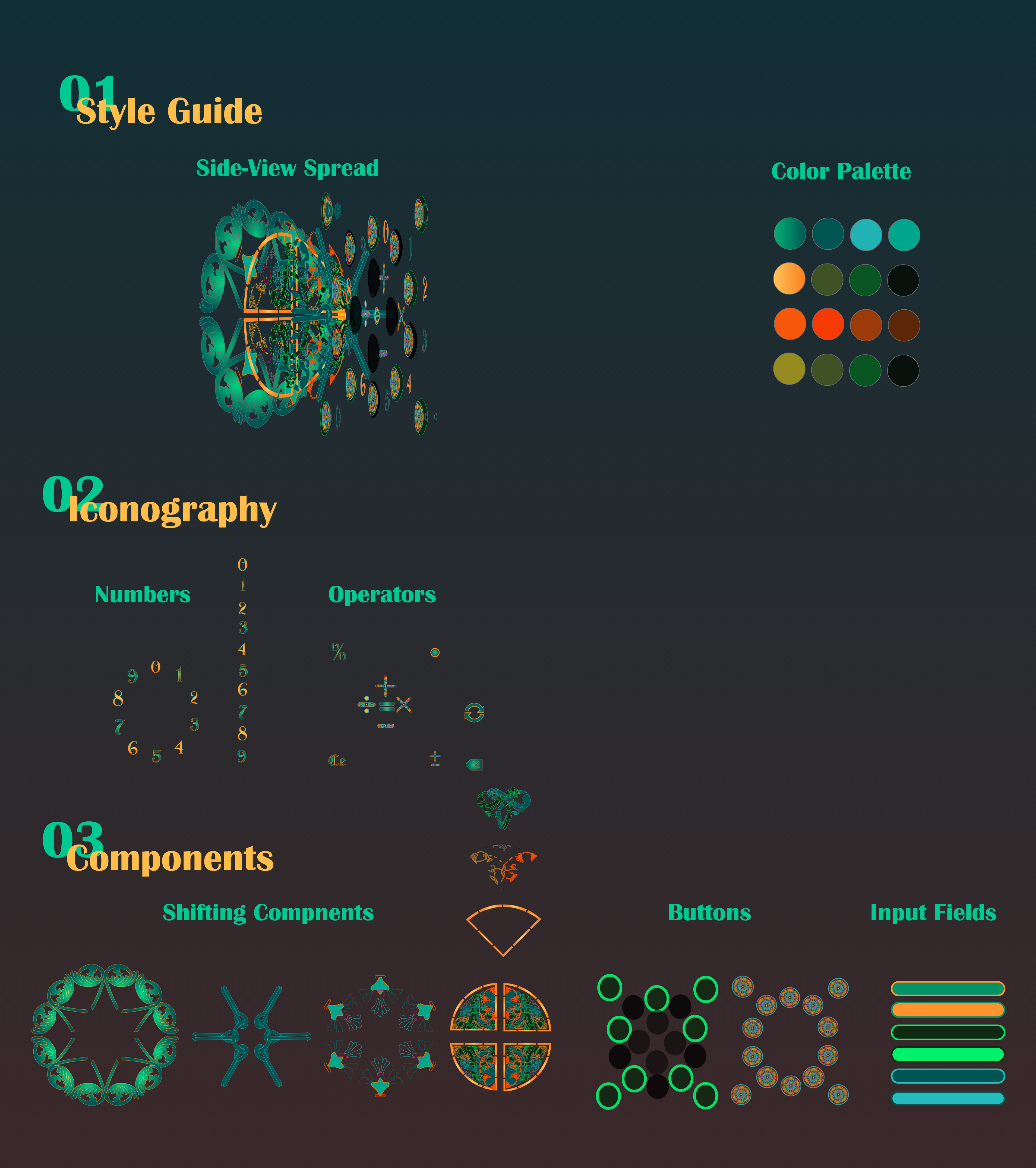 Glyph Calcu style guide — color palette, glyph iconography, component library