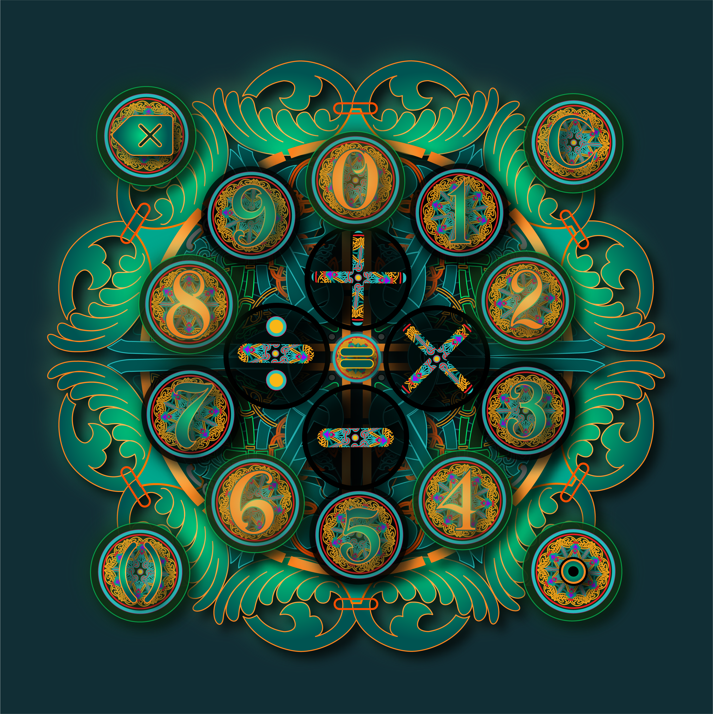 Glyph Calcu — circular mandala layout showing all digits arranged radially around the operators