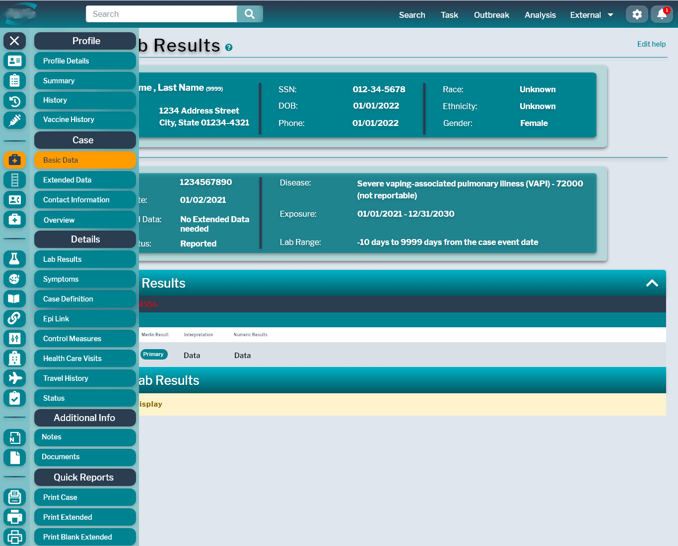 HealthCheck — case lab results screen