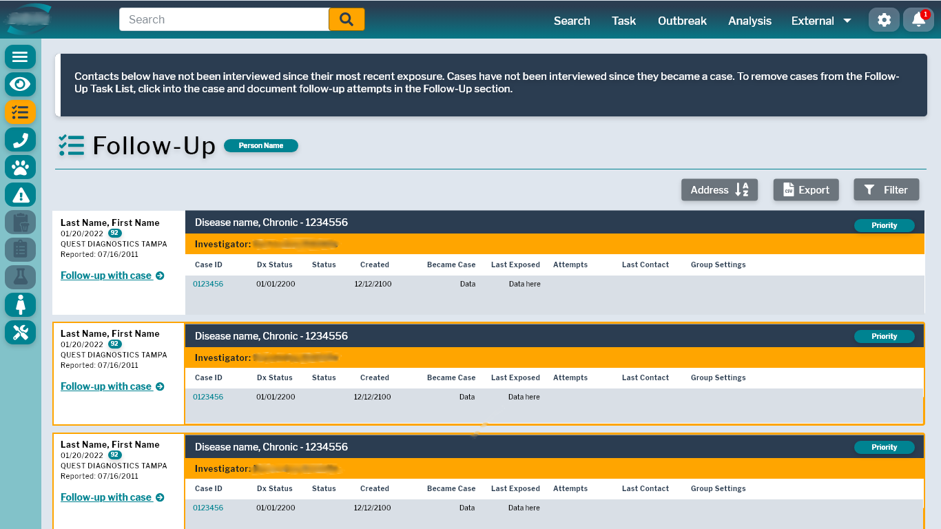 HealthCheck — outbreak follow-up management screen