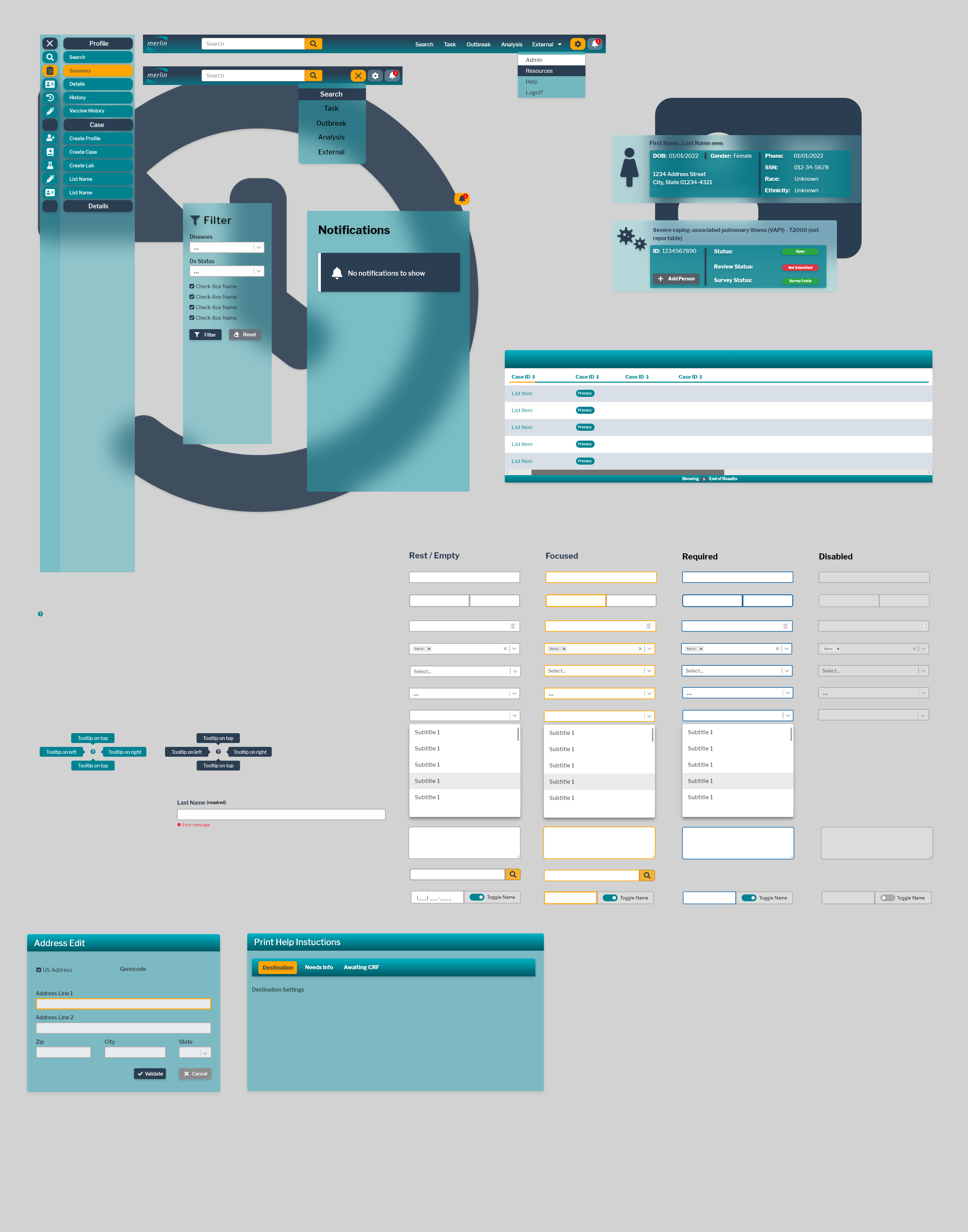HealthCheck — glassmorphic navigation with full case search and outbreak panels