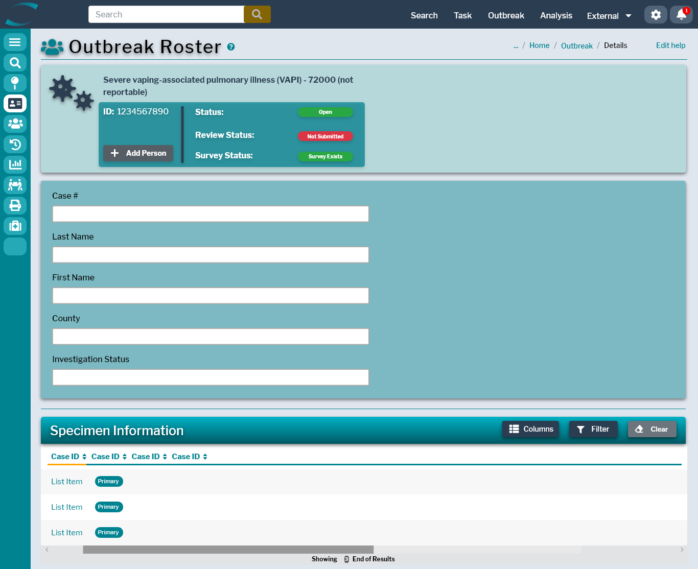 HealthCheck — outbreak roster glassmorphic data grid