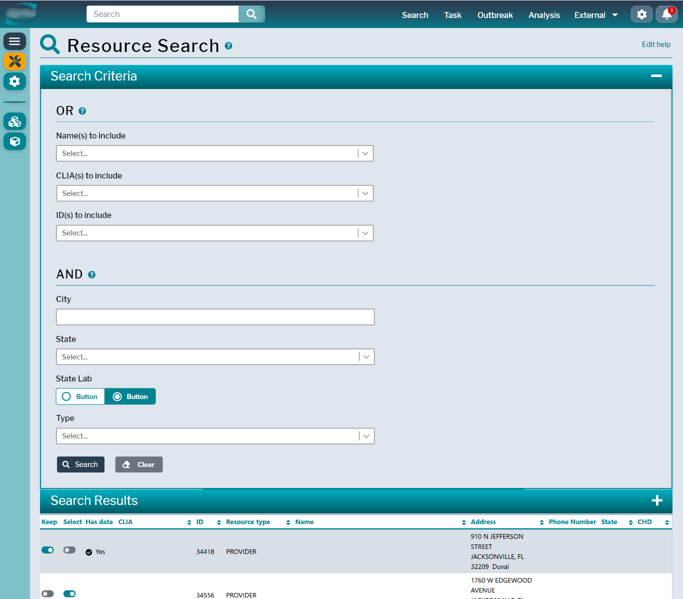 HealthCheck — resource search results with column controls