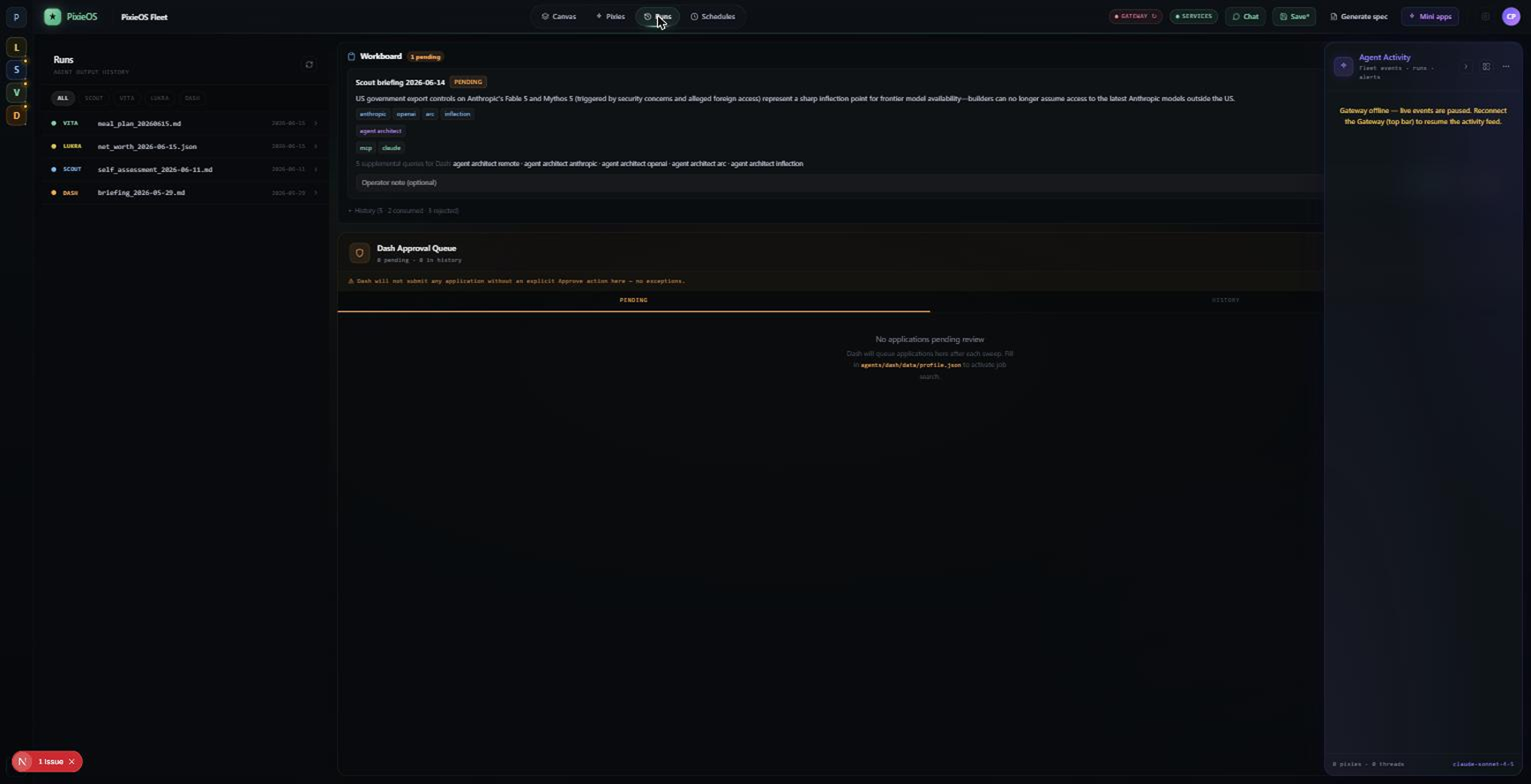 The Workboard with Scout's pending handoff card to Dash, and the Dash Approval Queue enforcing an explicit human approval gate