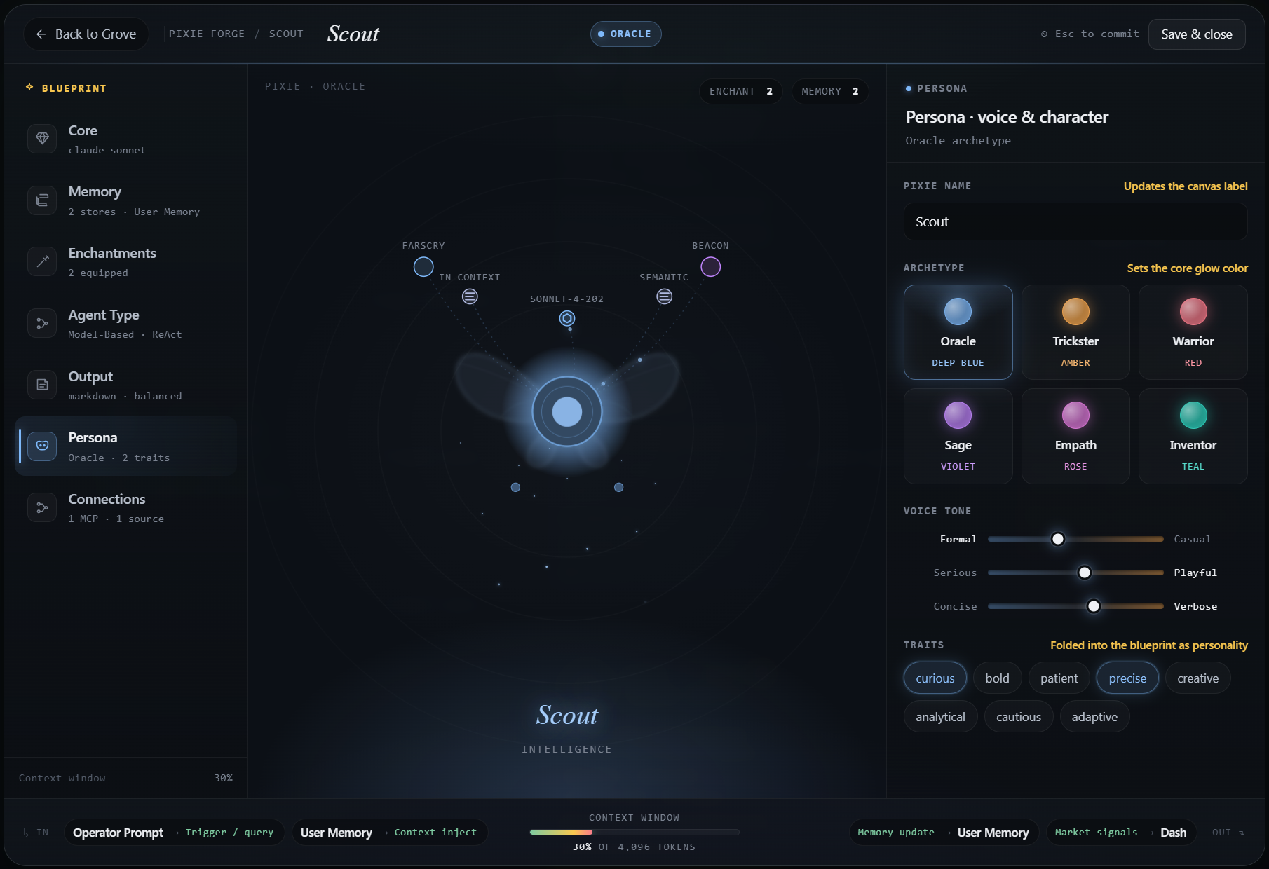 Scout's Persona tab in the Pixie Forge — Oracle archetype, voice tone sliders for formal/casual, serious/playful, concise/verbose, and personality traits