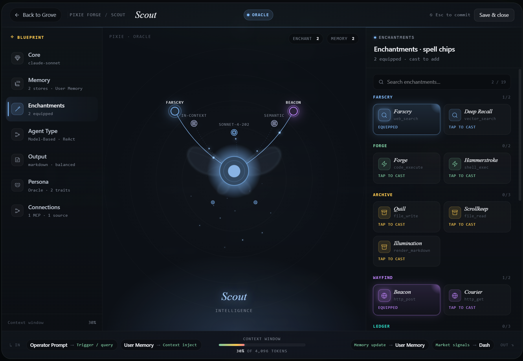 Scout's Enchantments tab in the Pixie Forge — a searchable library of spell-chip tools grouped by capability family, with Farscry and Beacon equipped