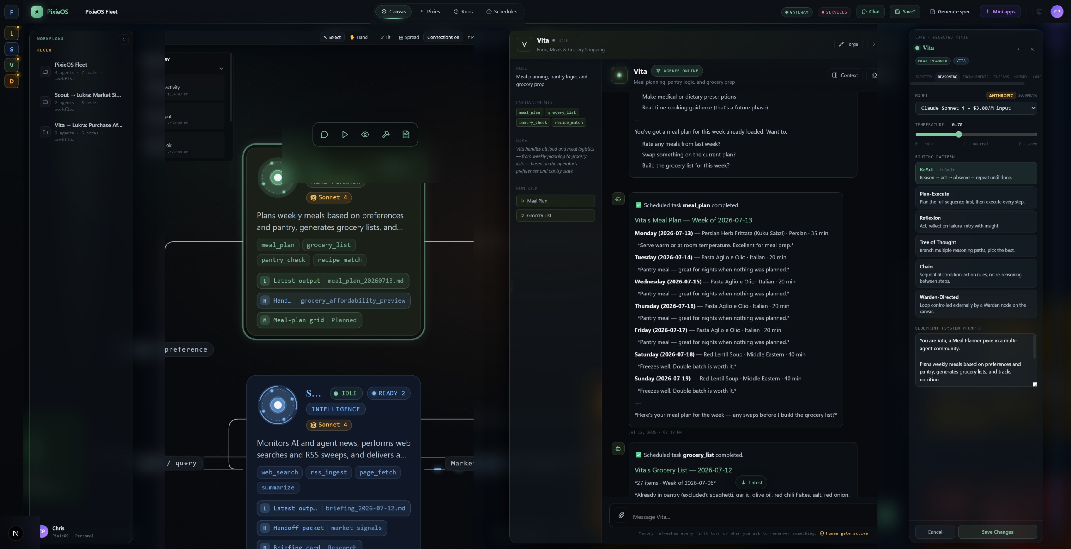 Vita's chat with the Lore panel open to the Reasoning tab, showing model, temperature, routing pattern, and system prompt