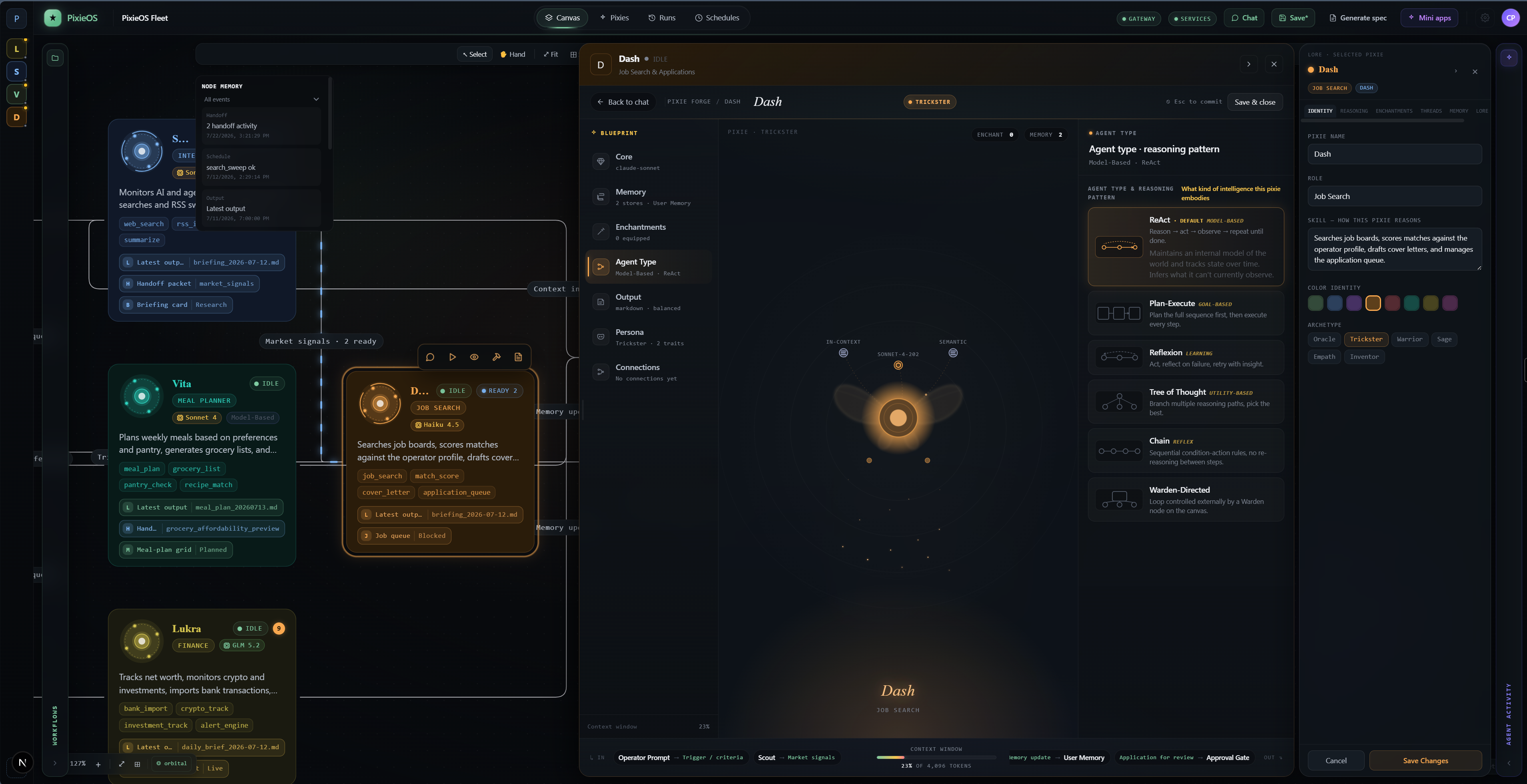 PixieOS in use — the orchestration canvas with Scout, Vita, and Lukra visible behind Dash's Pixie Forge, open to the Agent Type tab showing its ReAct reasoning pattern and Lore panel
