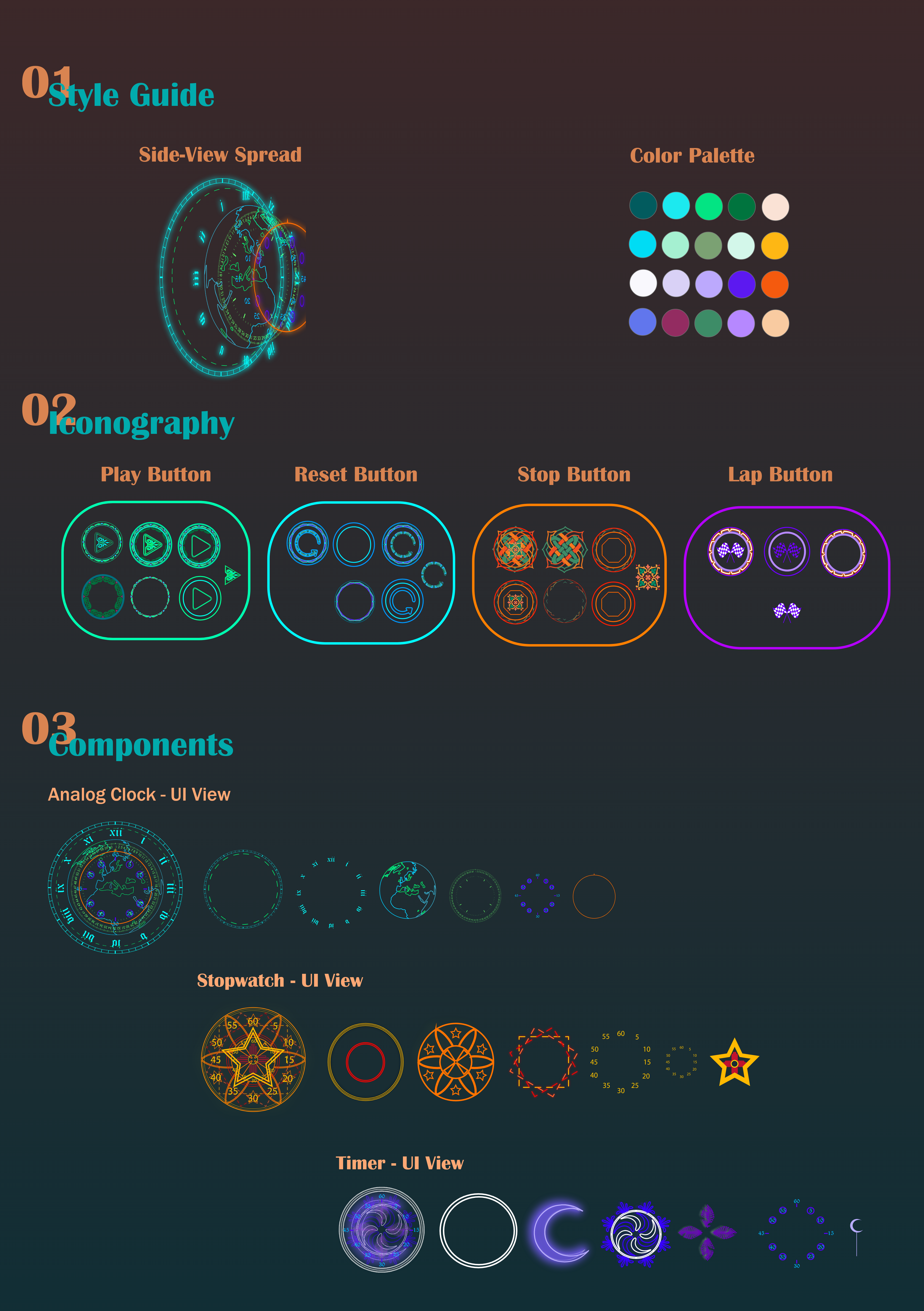 Glyph Tunc style guide — color palette, iconography, and component states for analog, stopwatch, and timer